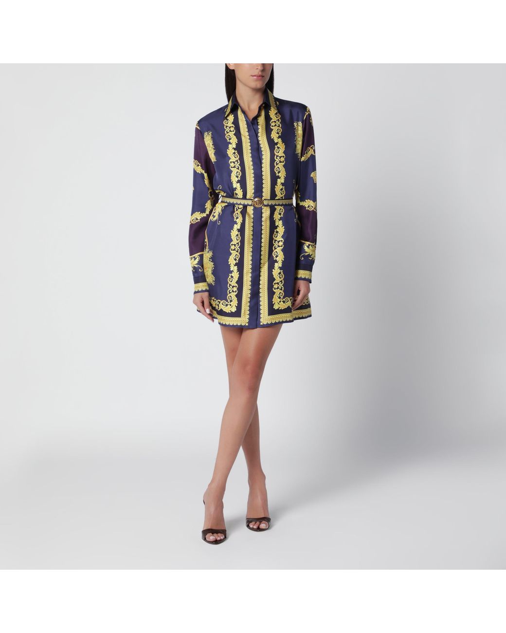 Versace Blue Eggplant Chemisier Mini Dress With Baroque Print