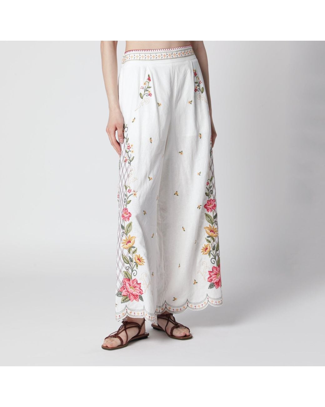 Farm Rio White Linenblend Trousers With Floral Embroidery