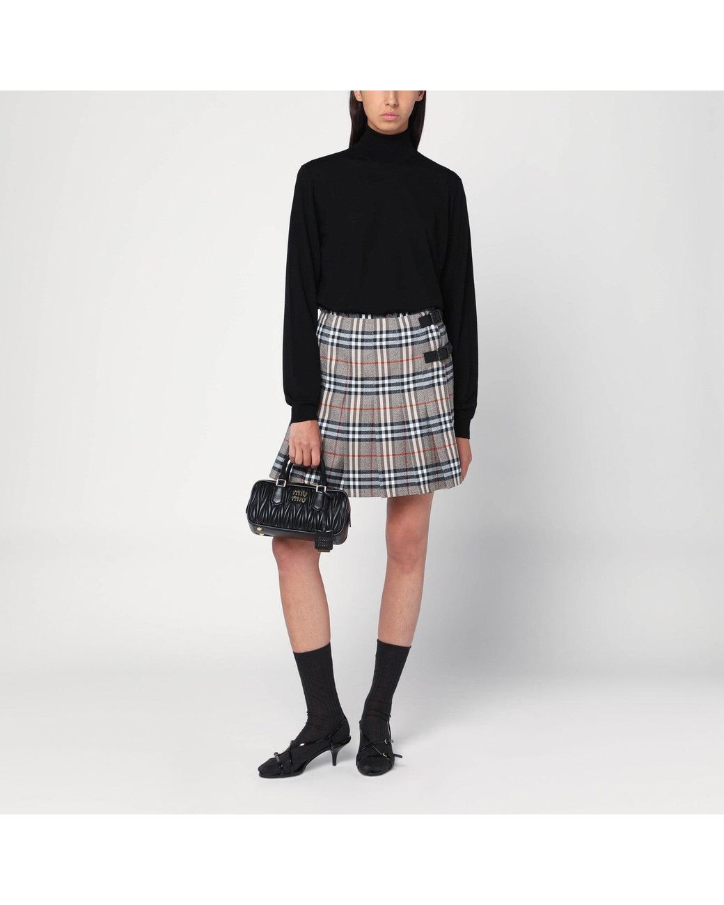 Burberry Black Wool Kilt Skirt With Check Pattern