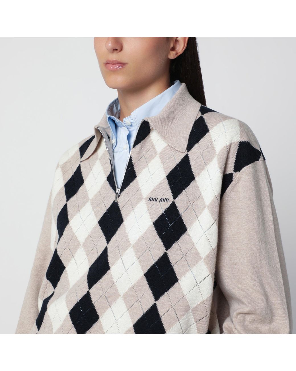 Miu Miu Blue Argyle Cashmere Polo Shirt