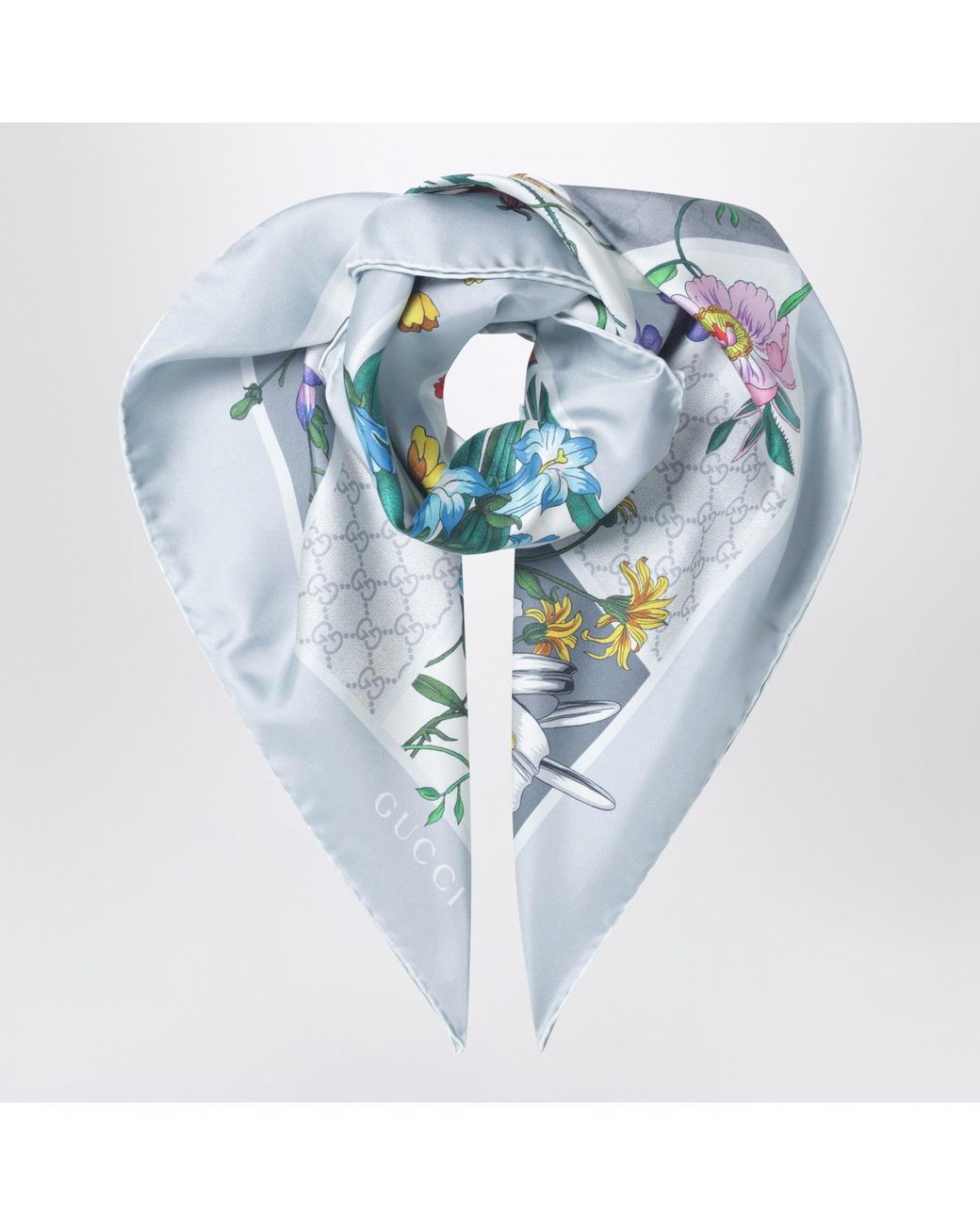 Gucci Blue Silk Twill Scarf With Flora Print