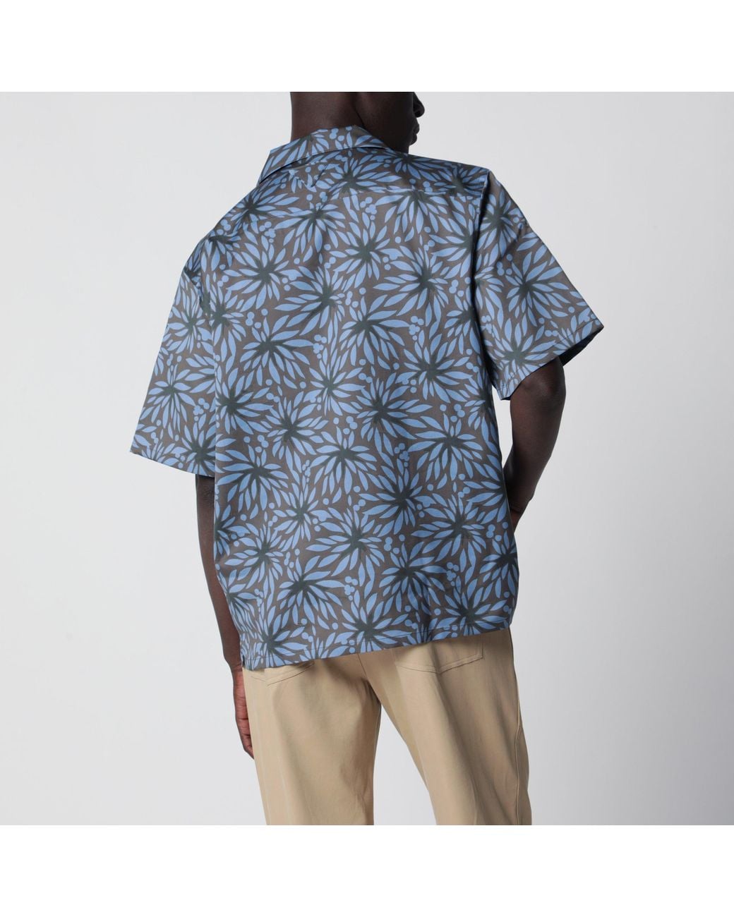 Prada Blue Hematite/ Floral Print Bowling Shirt for men