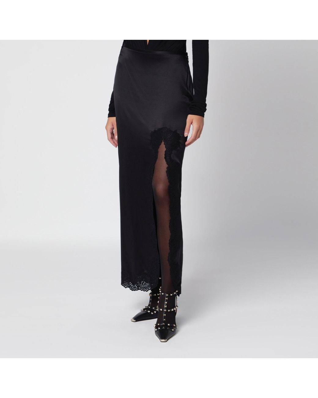 Valentino Black Long Crepe Satin Skirt With Lace