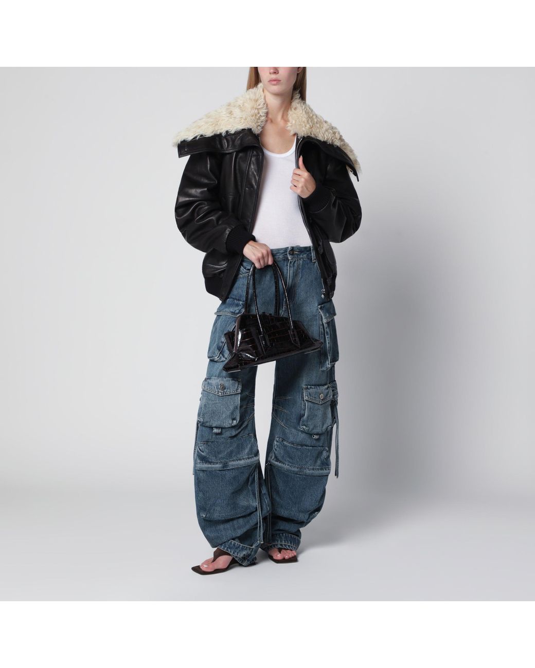 The Attico Black Leather Bomber Jacket With Shearling Collar