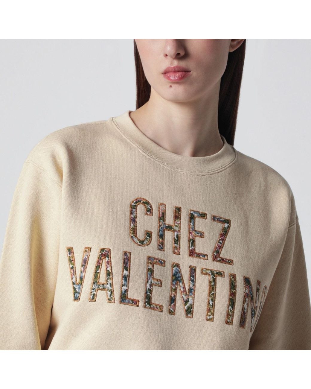 Valentino Blue Ivory Cotton Sweatshirt With Chez Floral Motif
