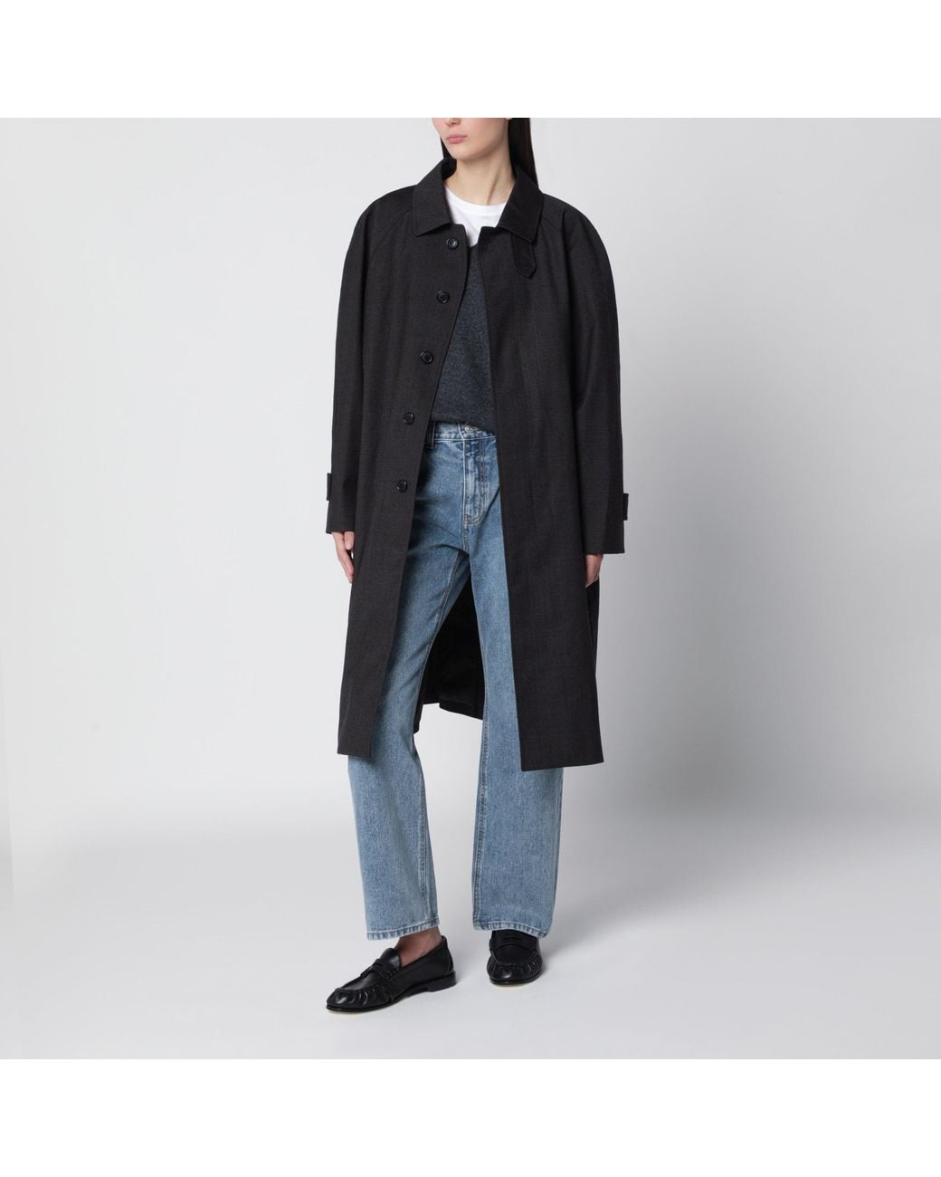 DUNST Black H-Line Wool-Blend Coat With Button-Front, Classic Collar & Check Pattern