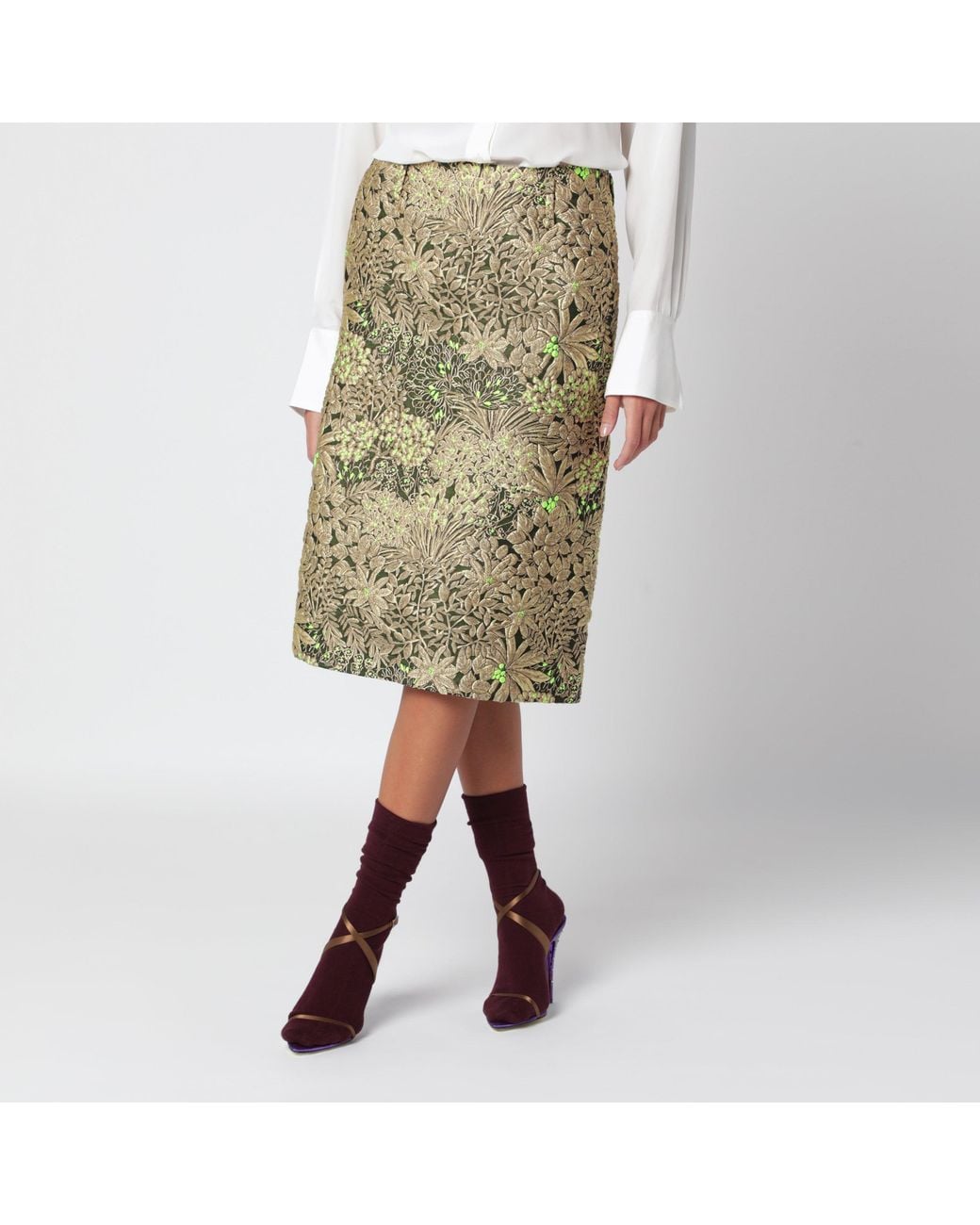 Dries Van Noten Green Skirt With Floral Jacquard Pattern
