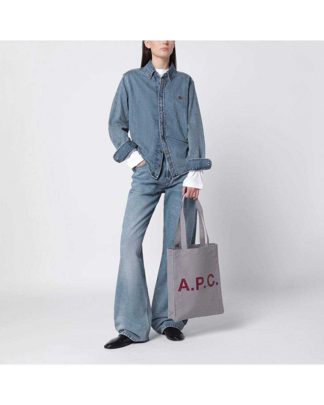 A.P.C. Gray Burgundy Striped Lou Tote Bag