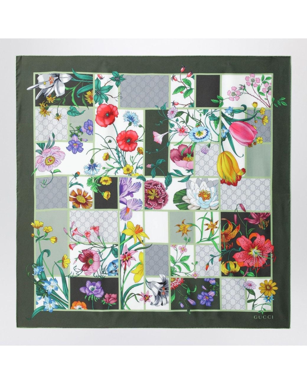Gucci Green Silk Twill Scarf With Flora Print
