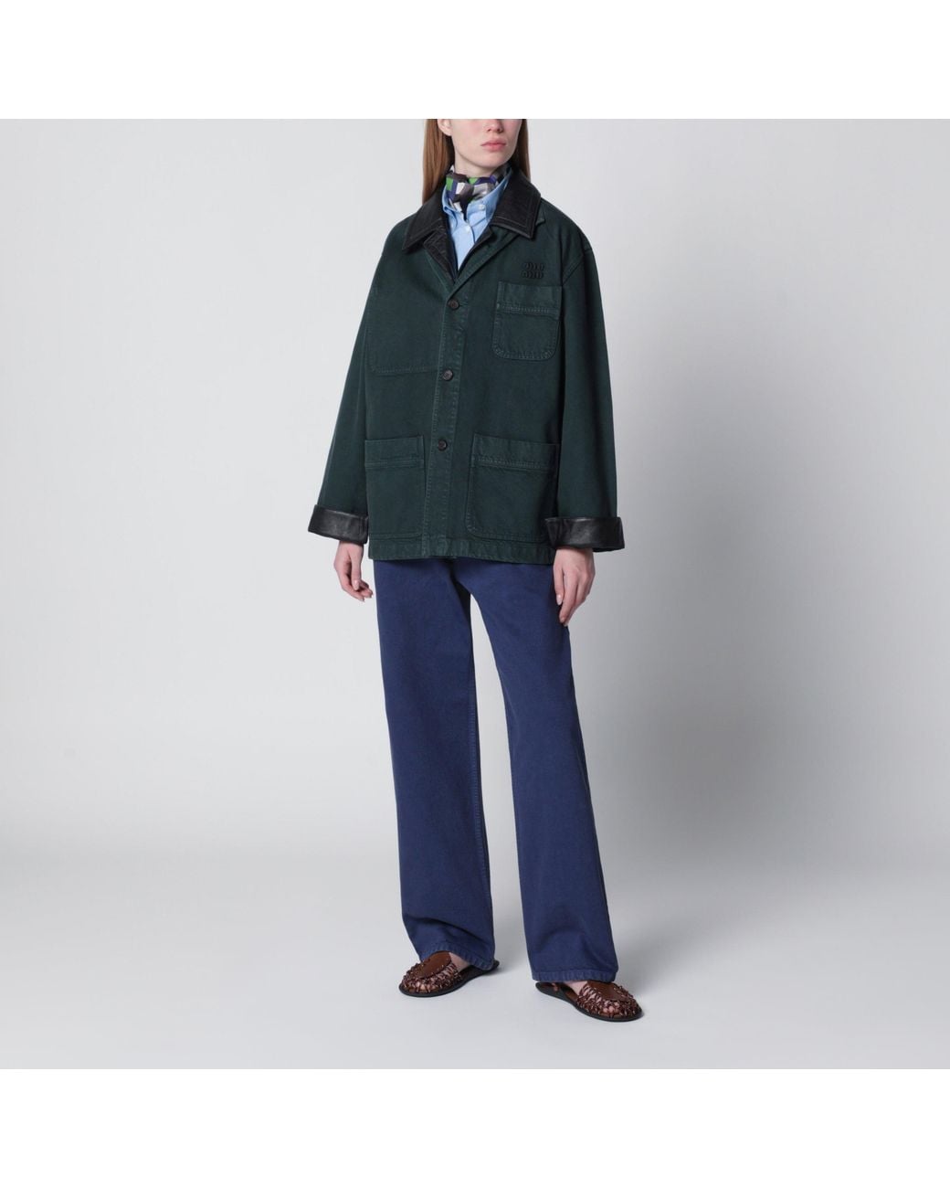 Miu Miu Blue Bottle Gabardine And Leather Jacket