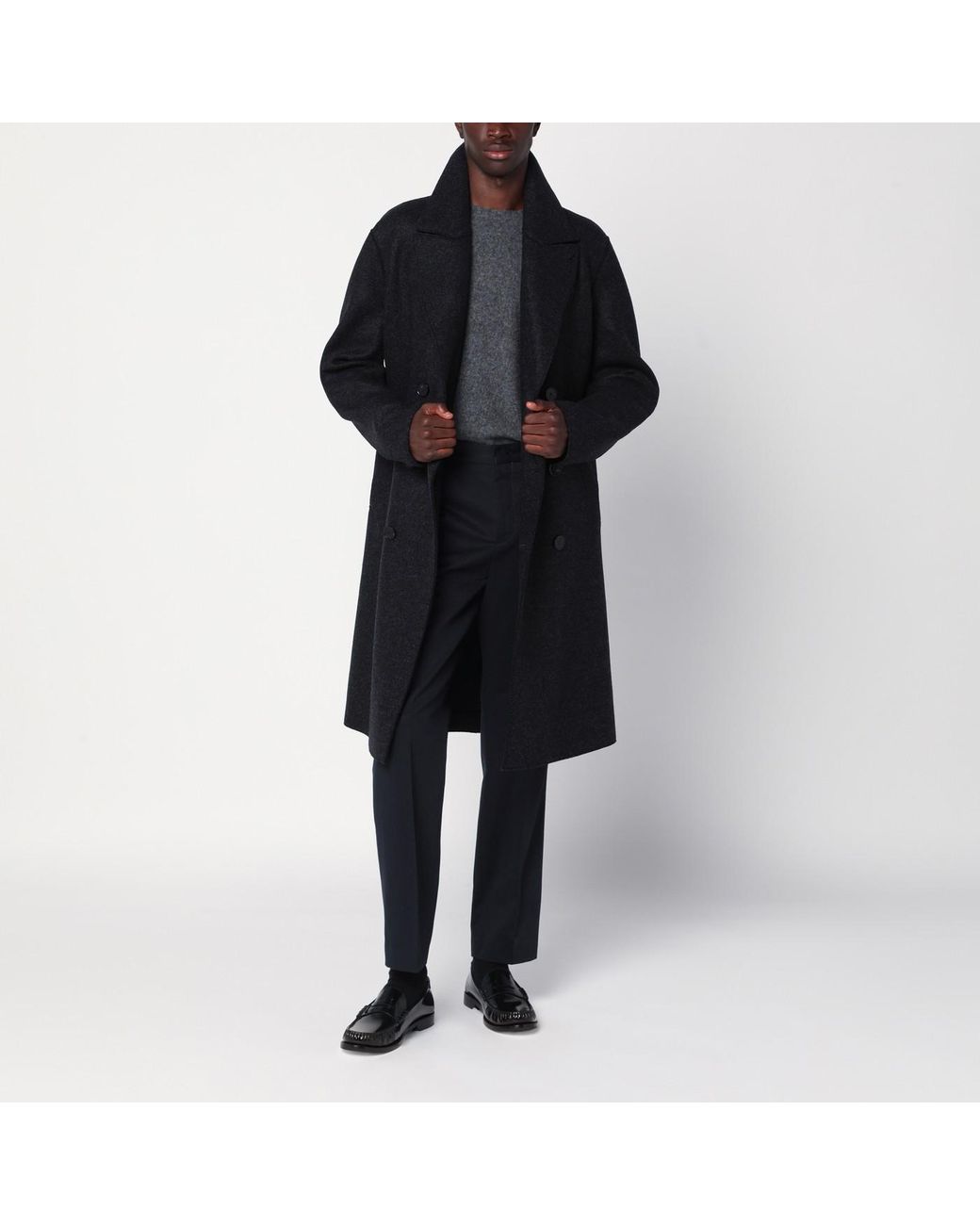 Harris Wharf London Anthracite Double-Breasted Wool Coat in Black