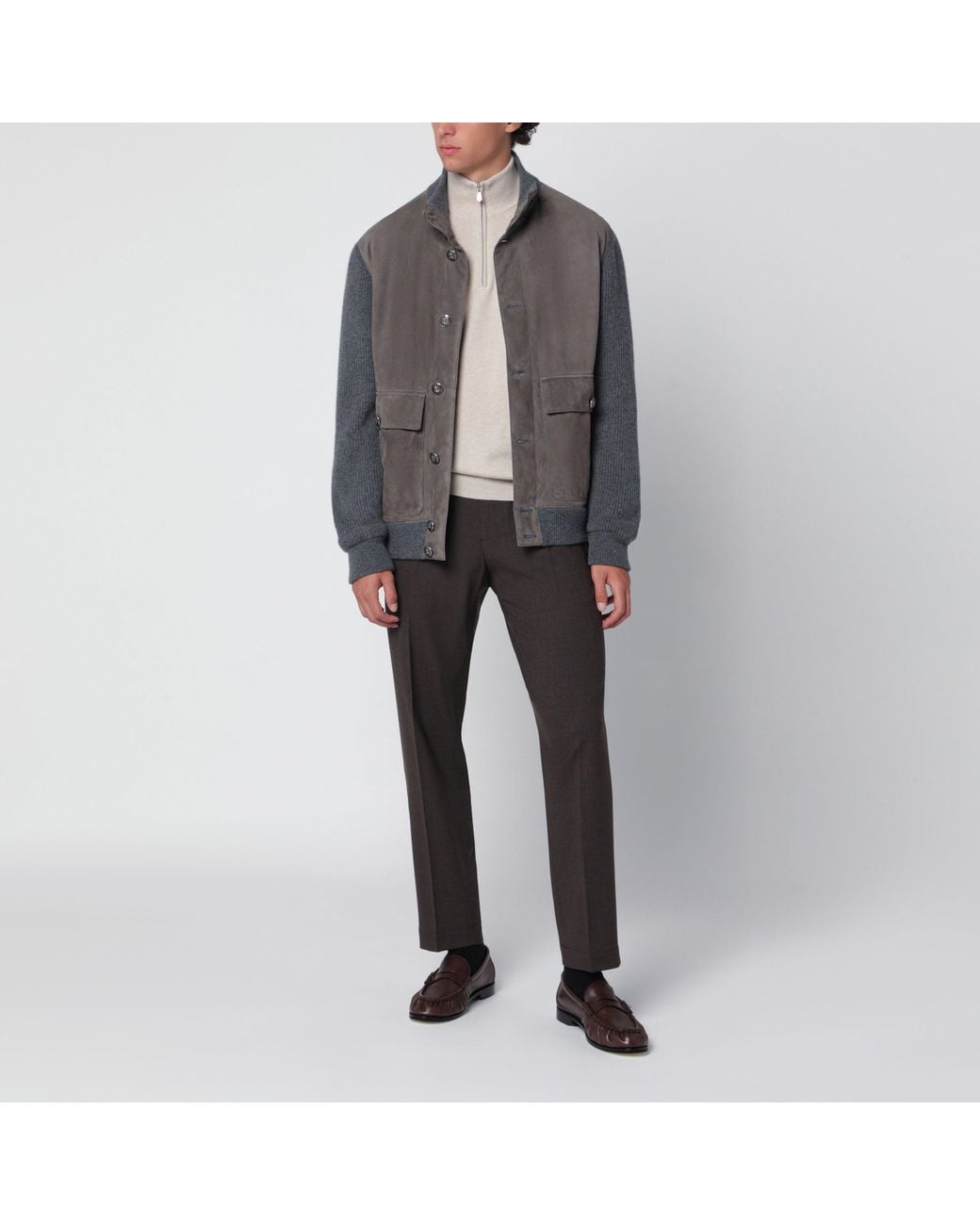 Brunello Cucinelli Gray Steel Padded Leather And Cashmere Jacket for men
