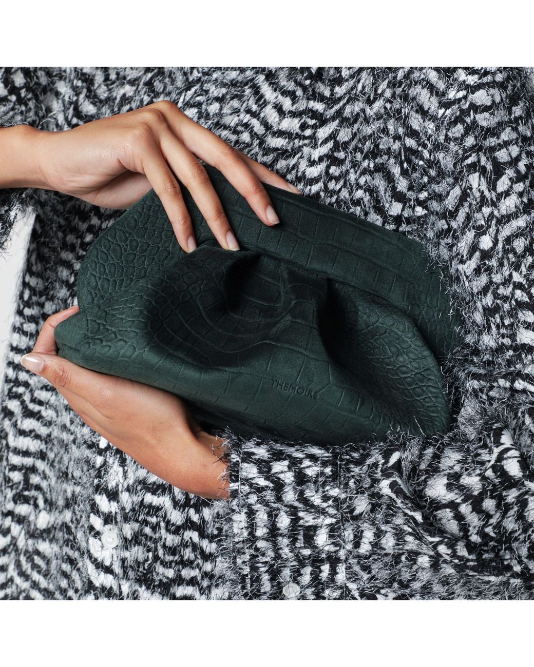 THEMOIRÈ Green Pine Mini Bios Pouch With Crocodile-Effect Faux Leather & Pleated Front