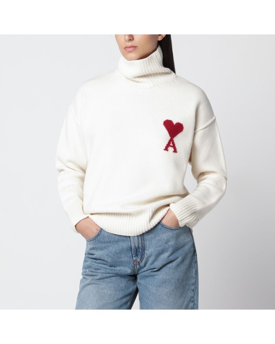 AMI White Ami De Coeur Wool Roll-Neck Jumper