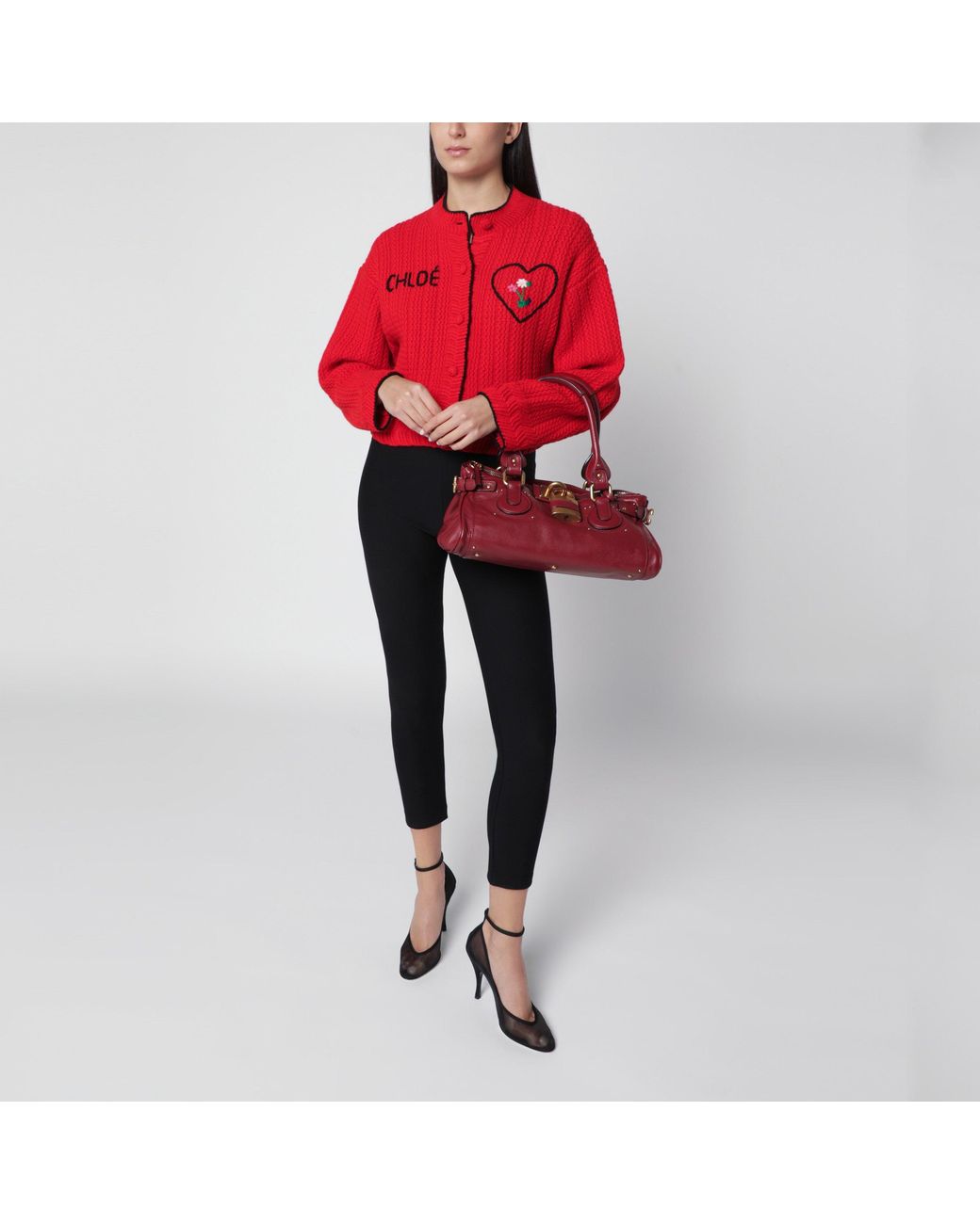 Chloé Red Grained Leather Satchel Bag With Padlock