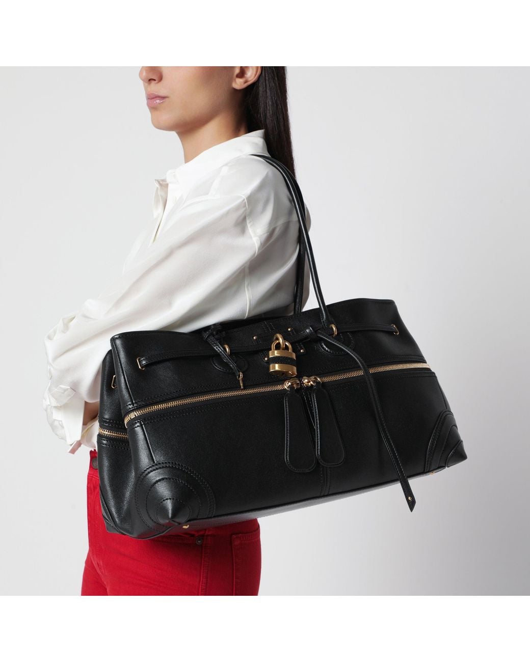 Chloé Black Paddington Sling Large East-West Bag With Oversized Padlock