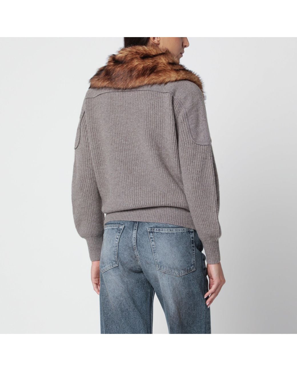 Moose Knuckles Gray Wool Cardigan With Faux Fur Collar