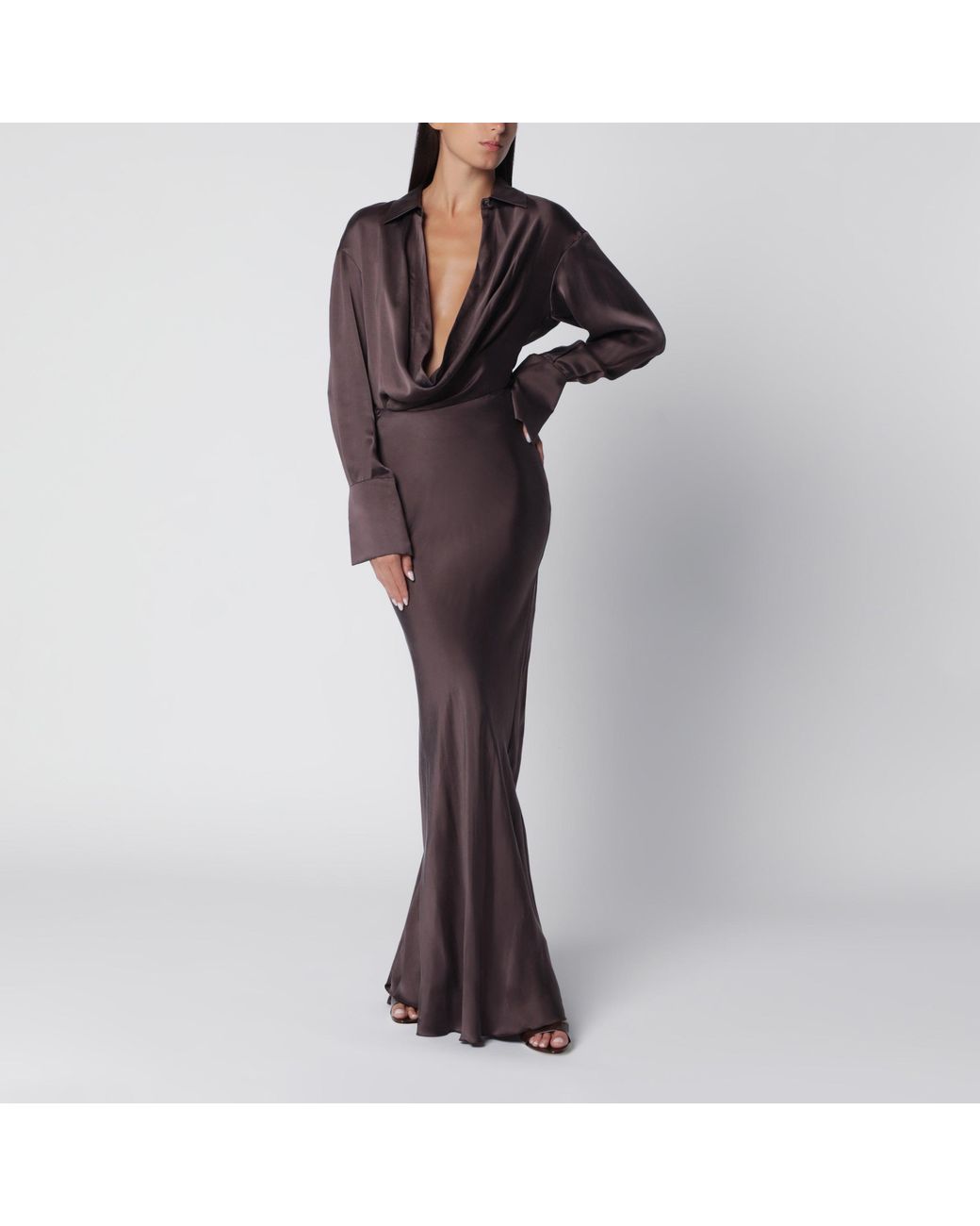 ANDAMANE Black Deep Neckline Rouge Noir Satin Shirt