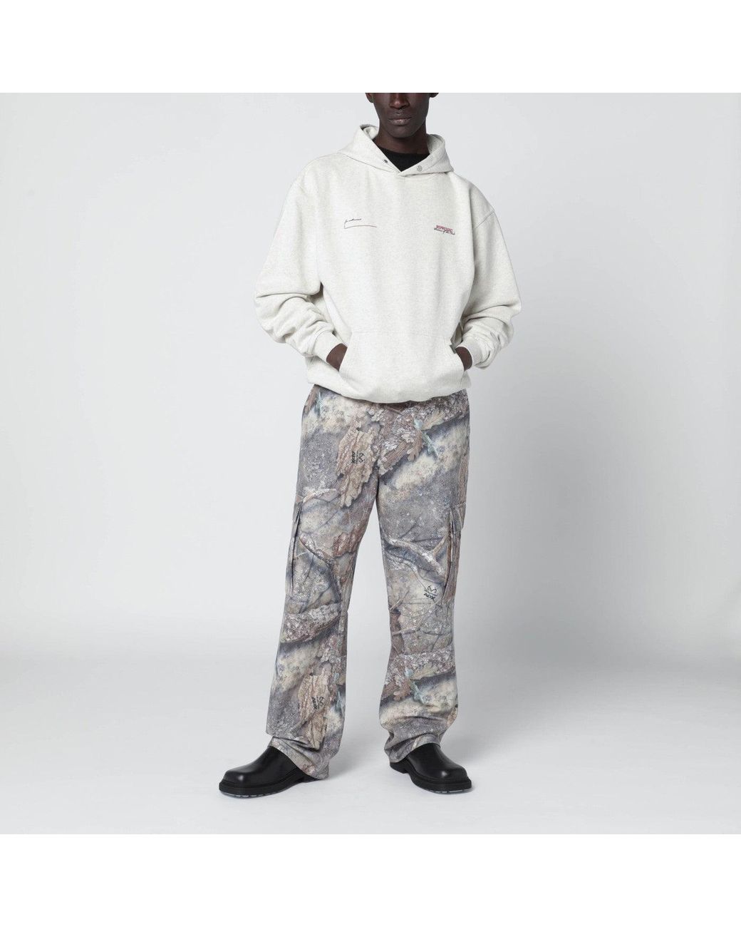 Represent Gray Cream Cotton Hoodie With Logo for men