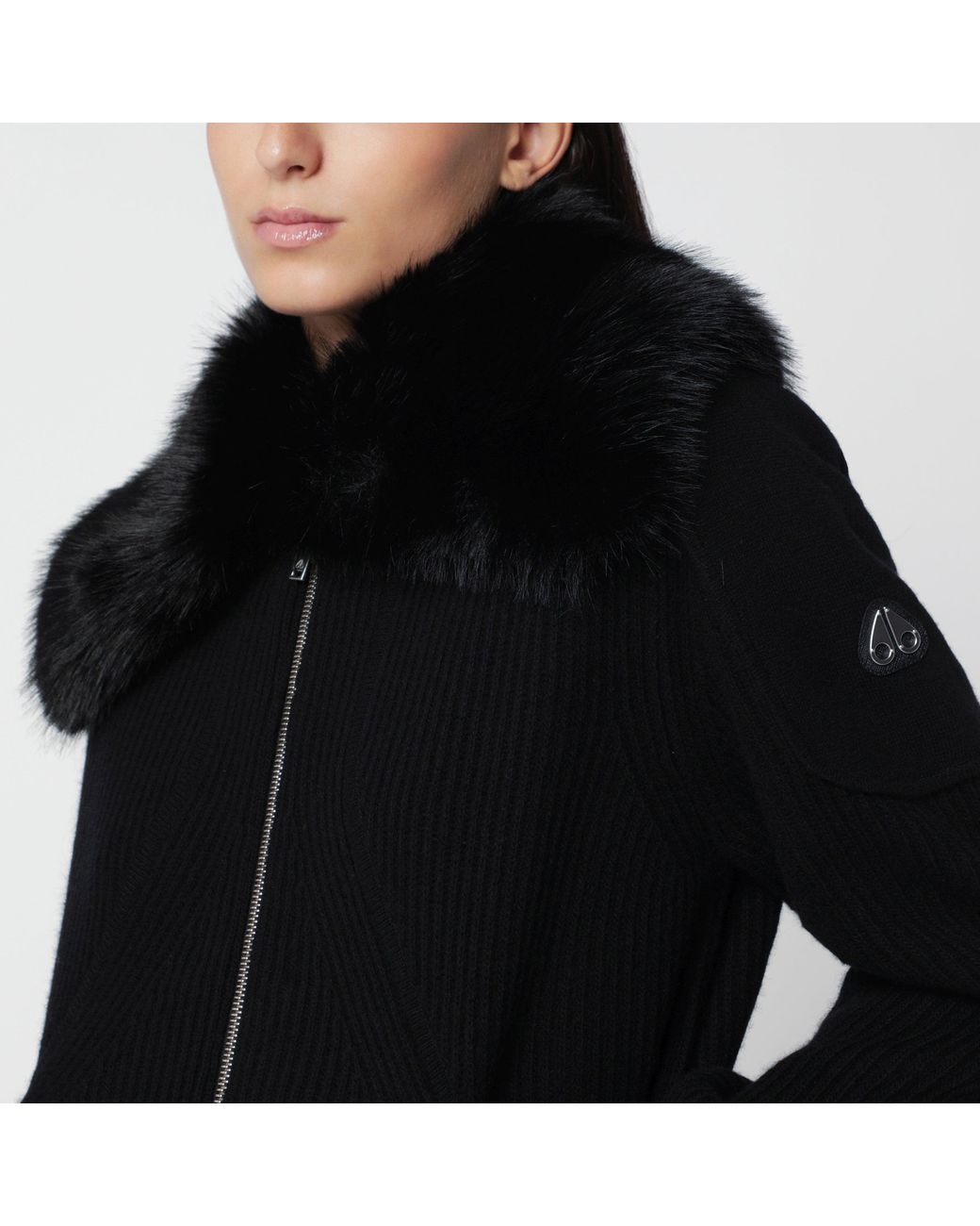 Moose Knuckles Black Wool Cardigan With Faux Fur Collar