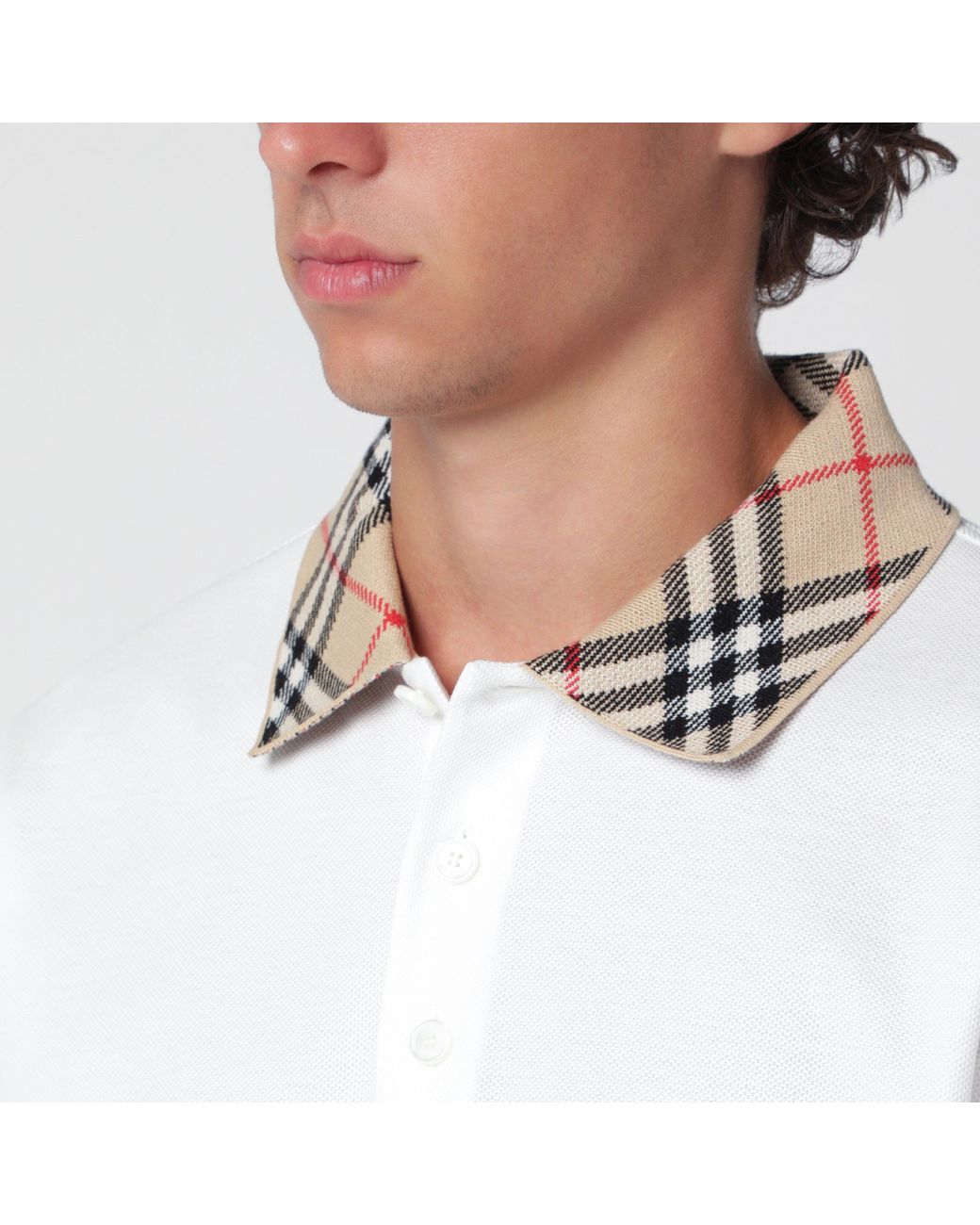 Burberry White Chalk Cotton Piqué Polo Shirt With Check Collar for men