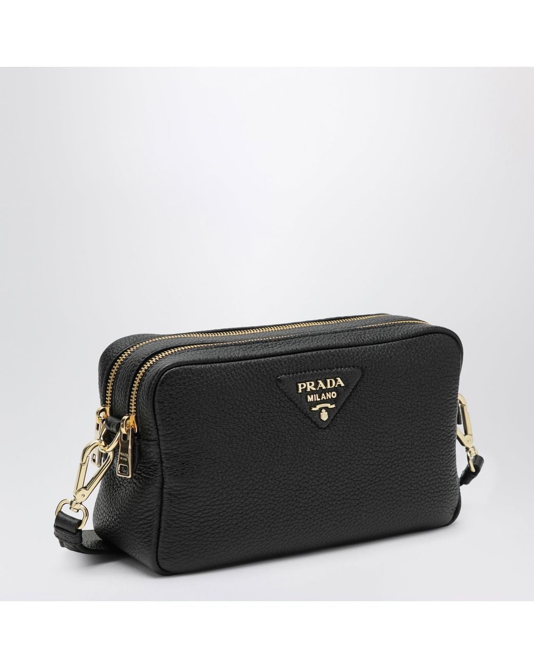Prada Black Mini Leather Shoulder Bag With Logo Webbing Strap And Zip Closure