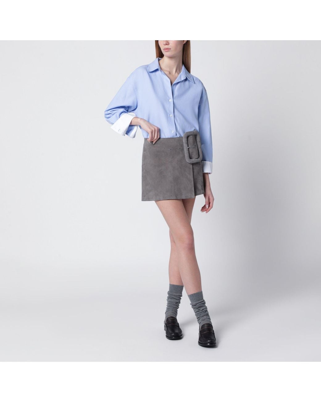 AMI Gray Suede Mini Skirt With Large Buckle Belt