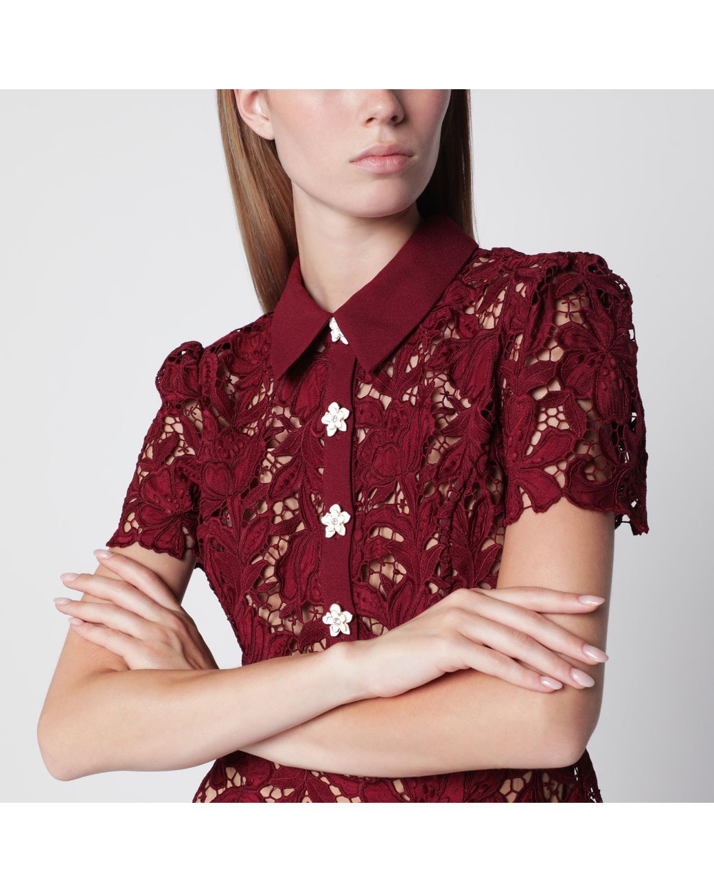 Self-Portrait Red Lace Mini Dress With Floral Buttons