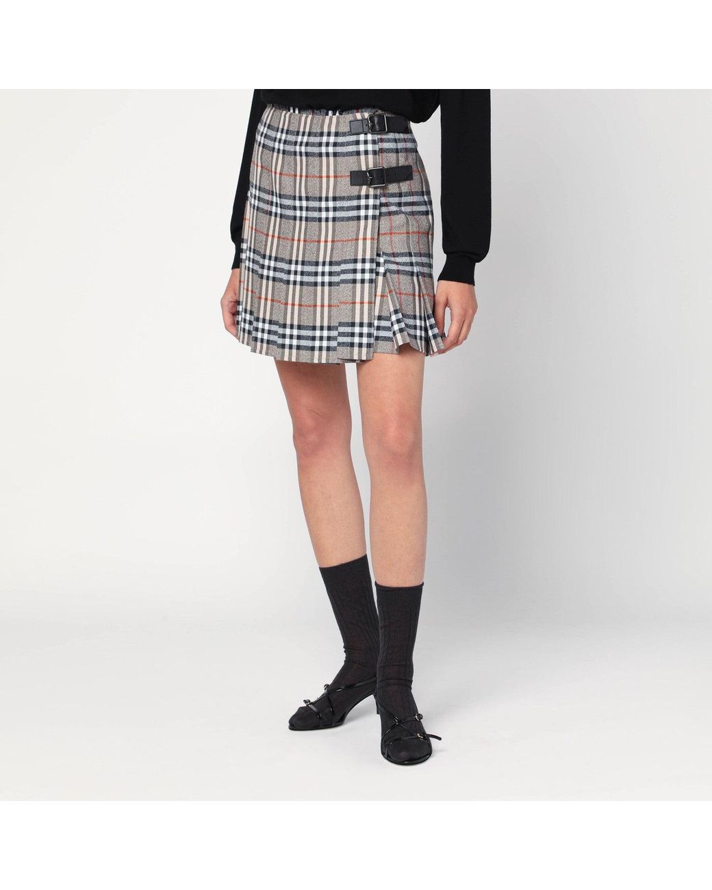 Burberry Black Wool Kilt Skirt With Check Pattern