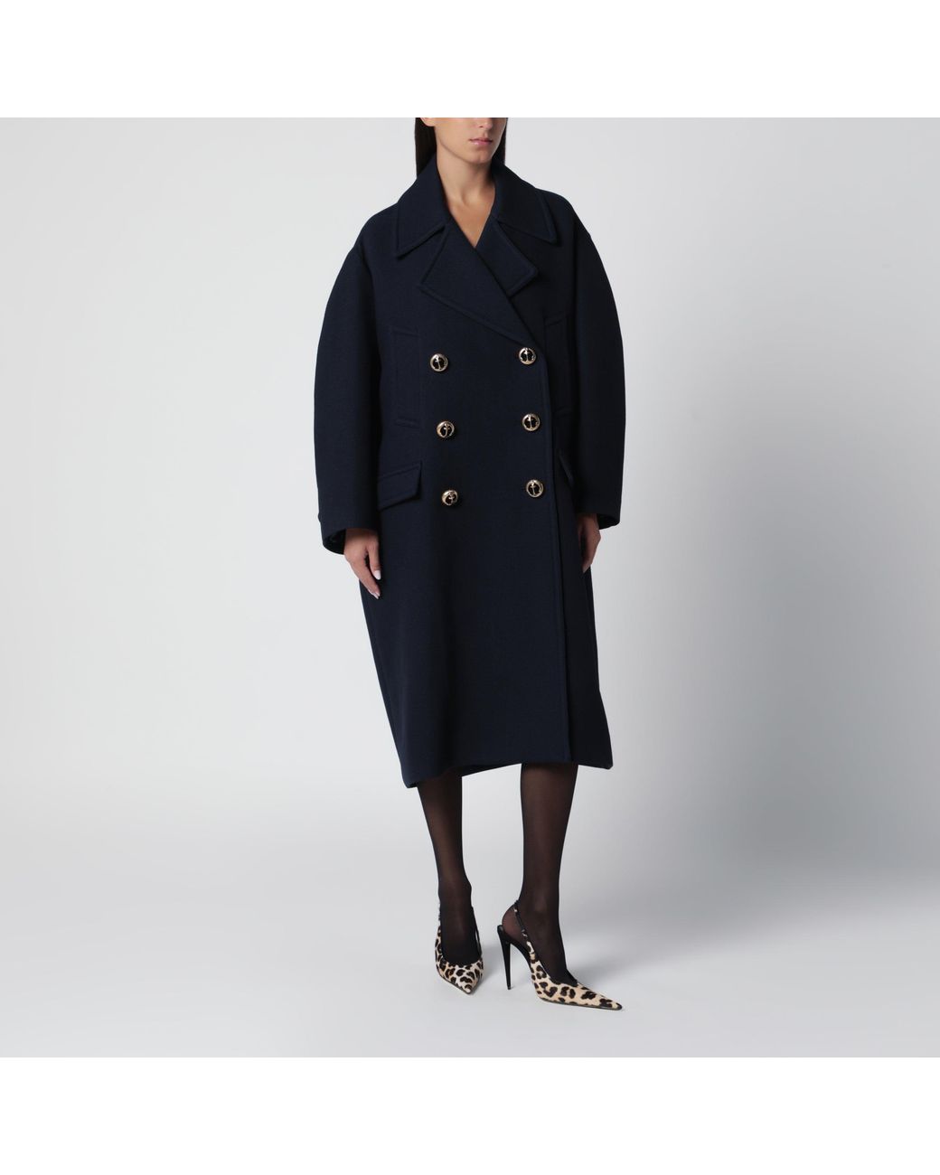 Balenciaga Black Long Textured Wool Pea Coat