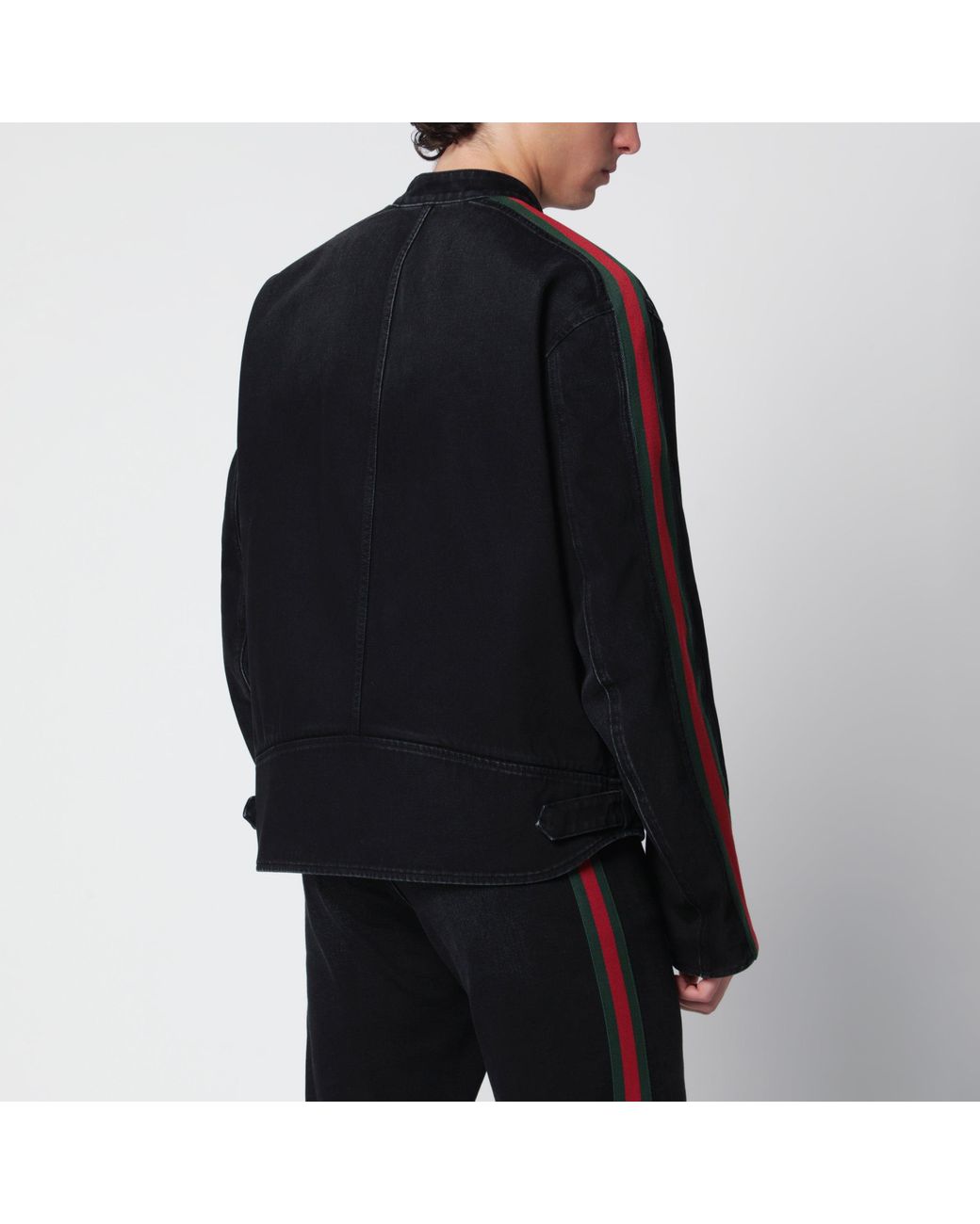Gucci Black Cotton Denim Biker Jacket With Web Trim for men