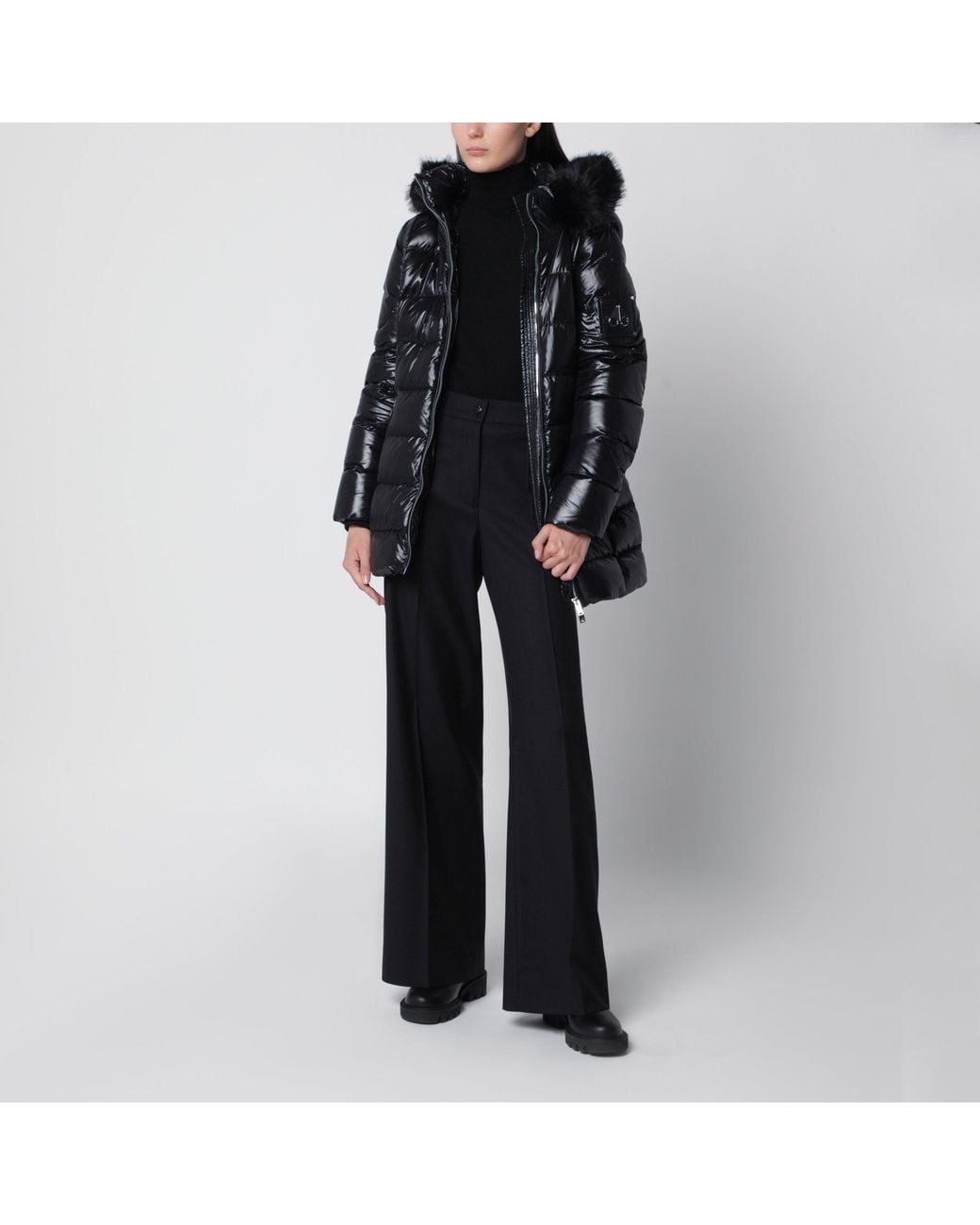 Moose Knuckles Black Celestia 3Q Glossy Nylon Down Jacket With Removable Hood & Faux Fur Trim