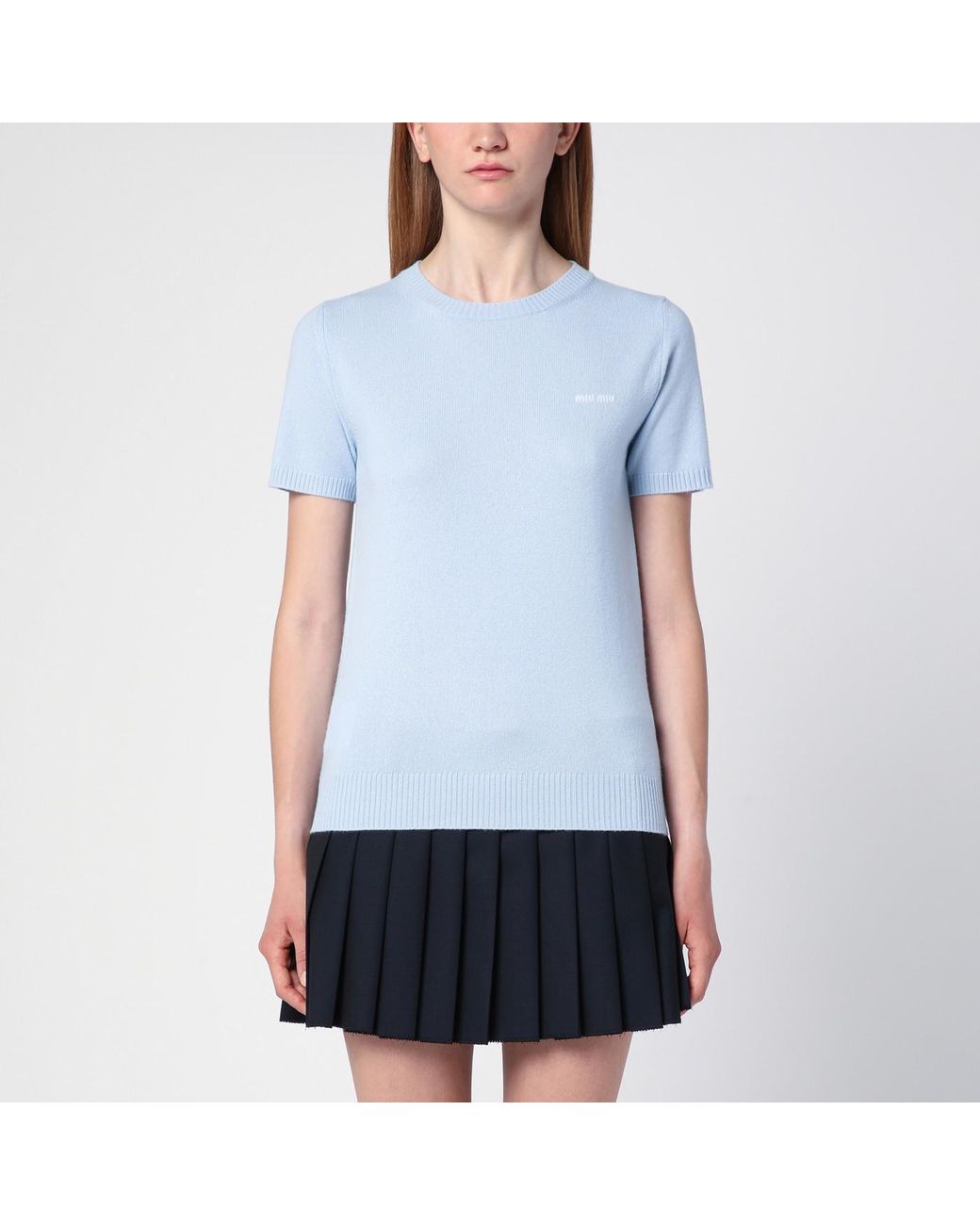 Miu Miu Sky-blue Short-sleeved Cashmere Sweater | Lyst UK