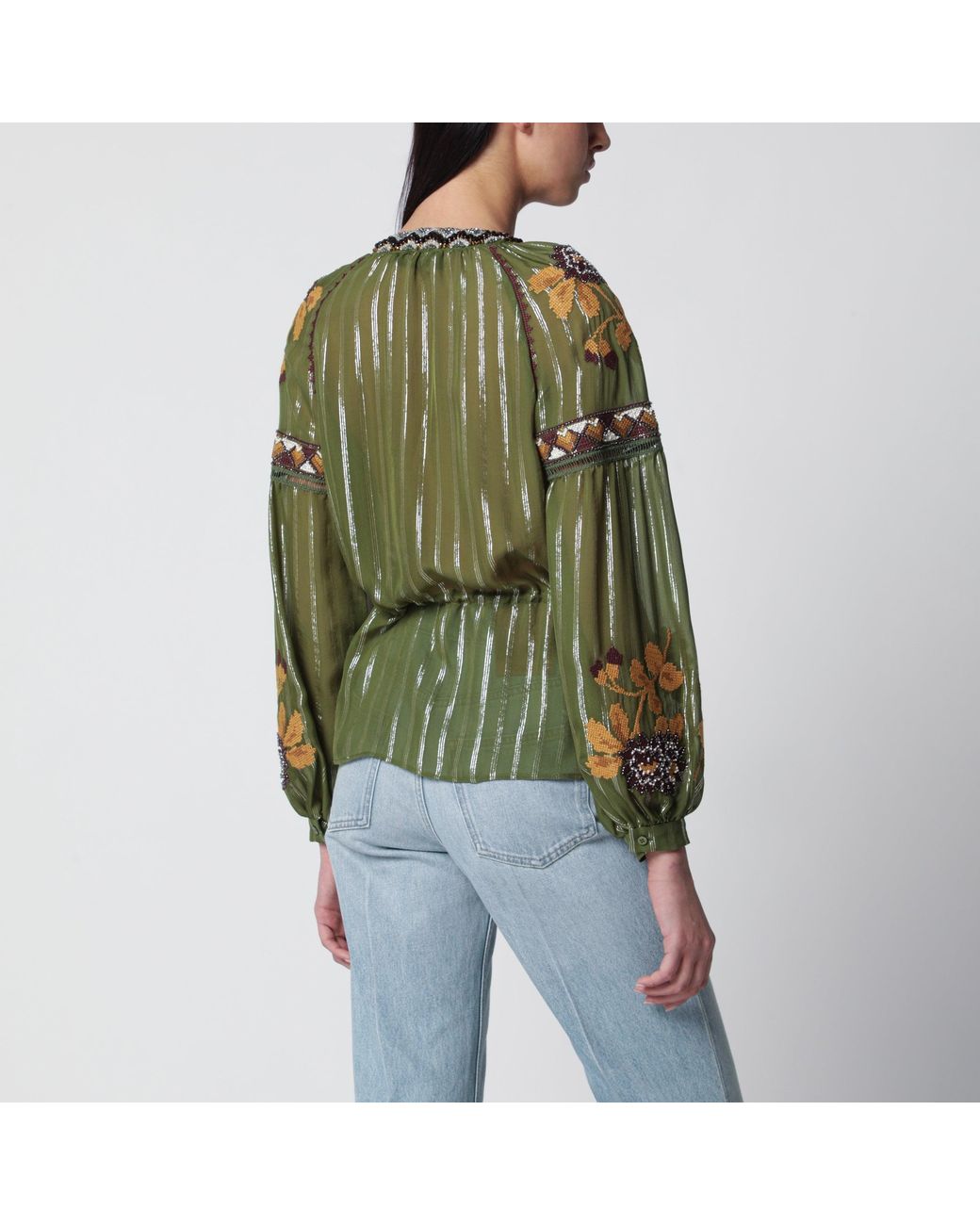 Valentino Green Embroidered Lurex Silk Shirt Camou