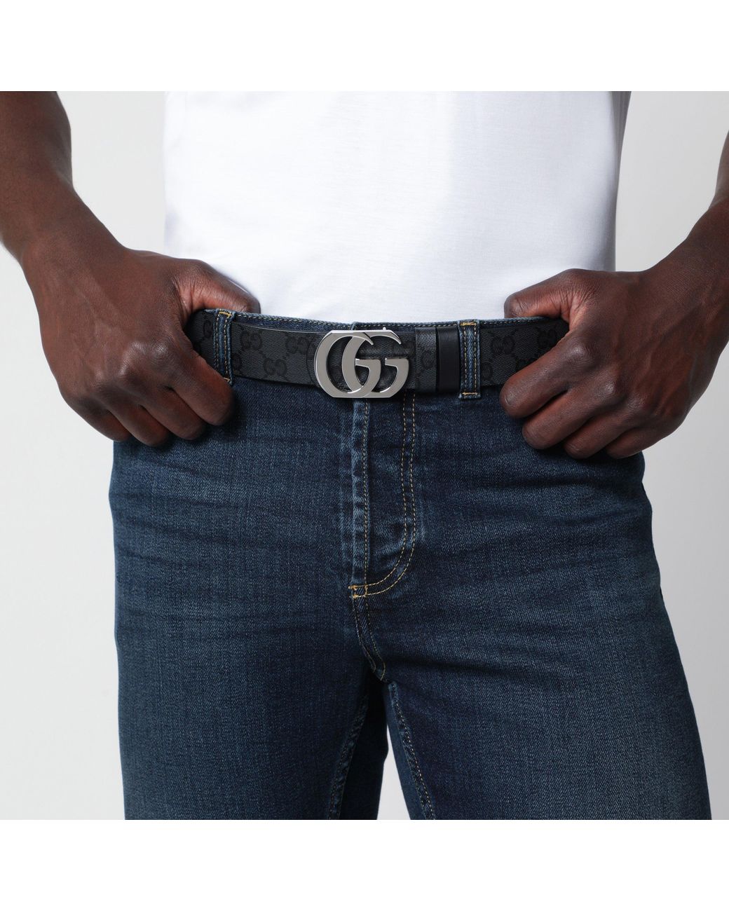 Gucci Black Cut Gg Marmont Reversible Gg Canvas And Leather Belt for men