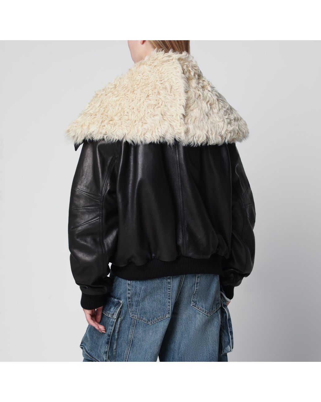 The Attico Black Leather Bomber Jacket With Shearling Collar