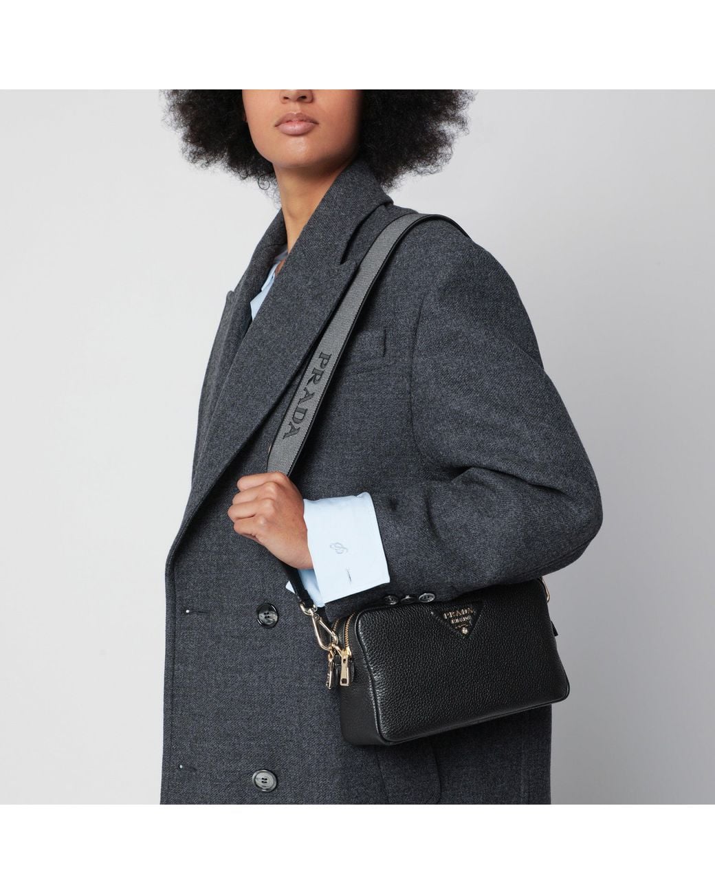 Prada Black Mini Leather Shoulder Bag With Logo Webbing Strap And Zip Closure