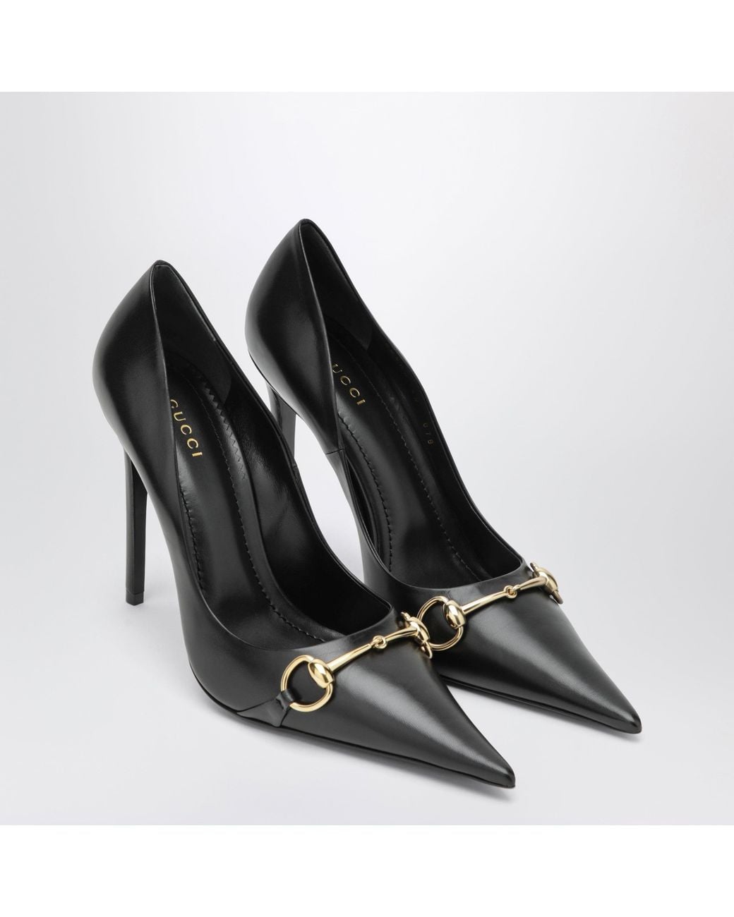 Gucci Black Donna Nappa Leather Pointed-Toe Pumps With-Tone Horsebit Detail