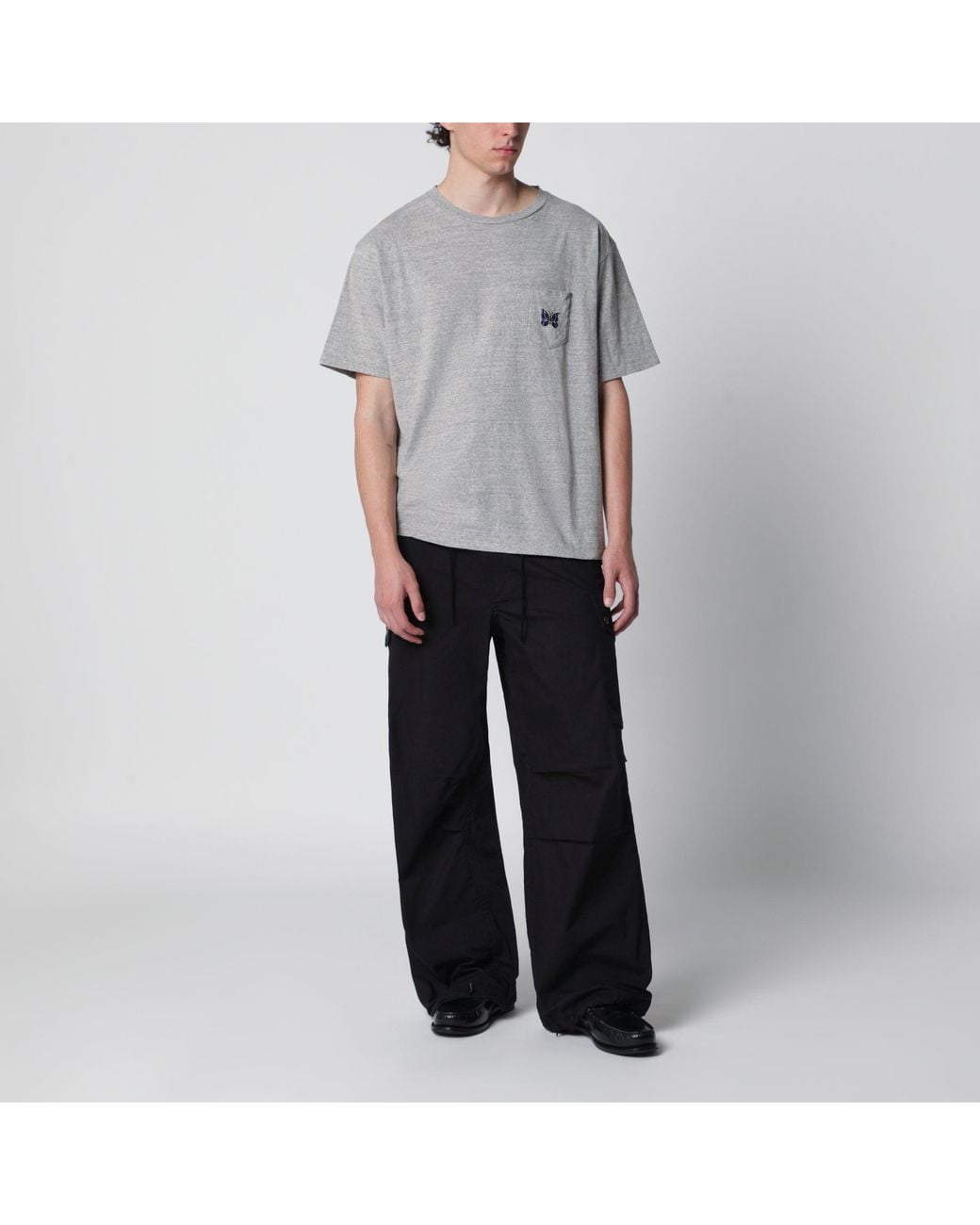 Needles Gray Cotton Tshirt With Embroidery for men