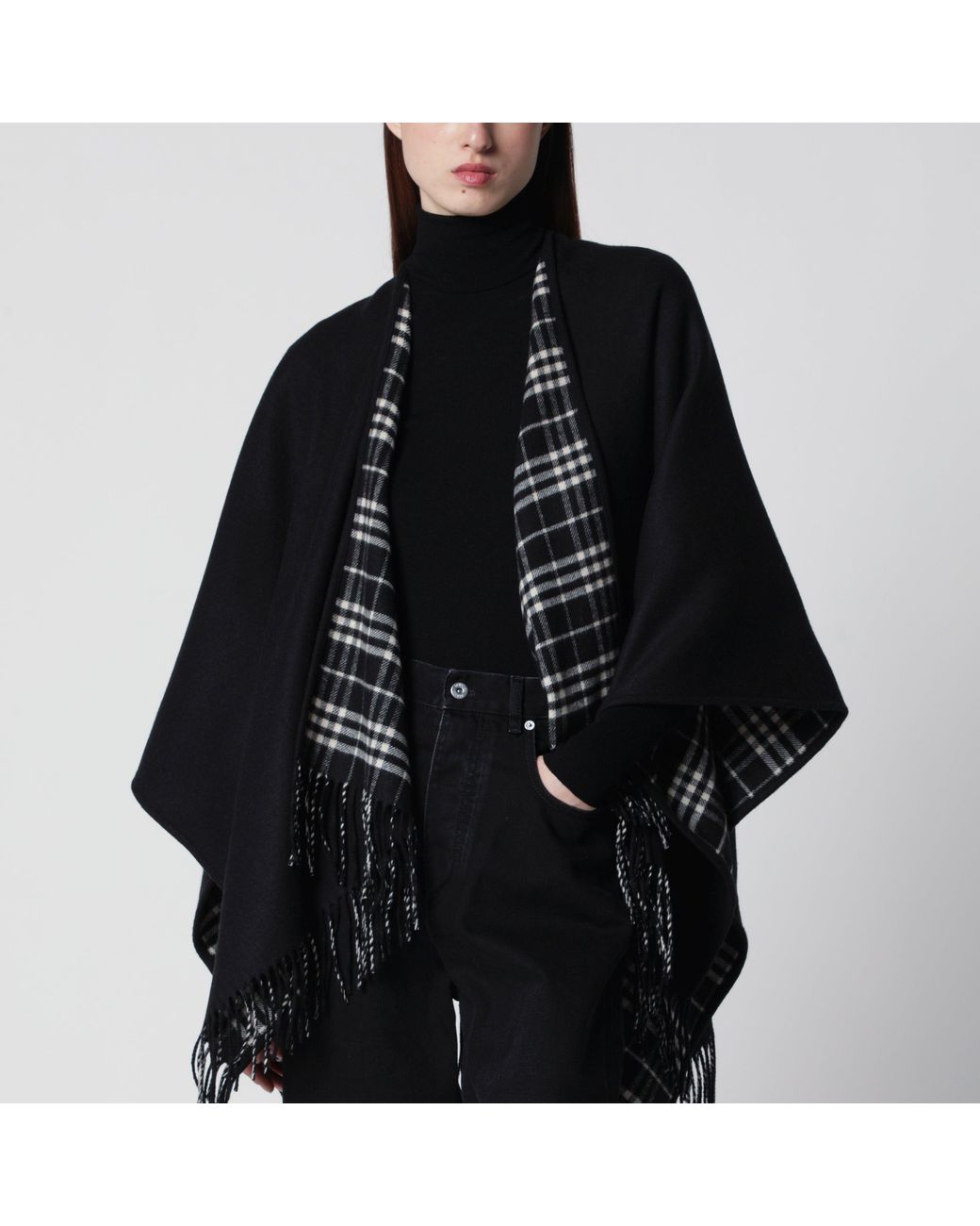Burberry Black Reversible Wool Check Cape With Fringes