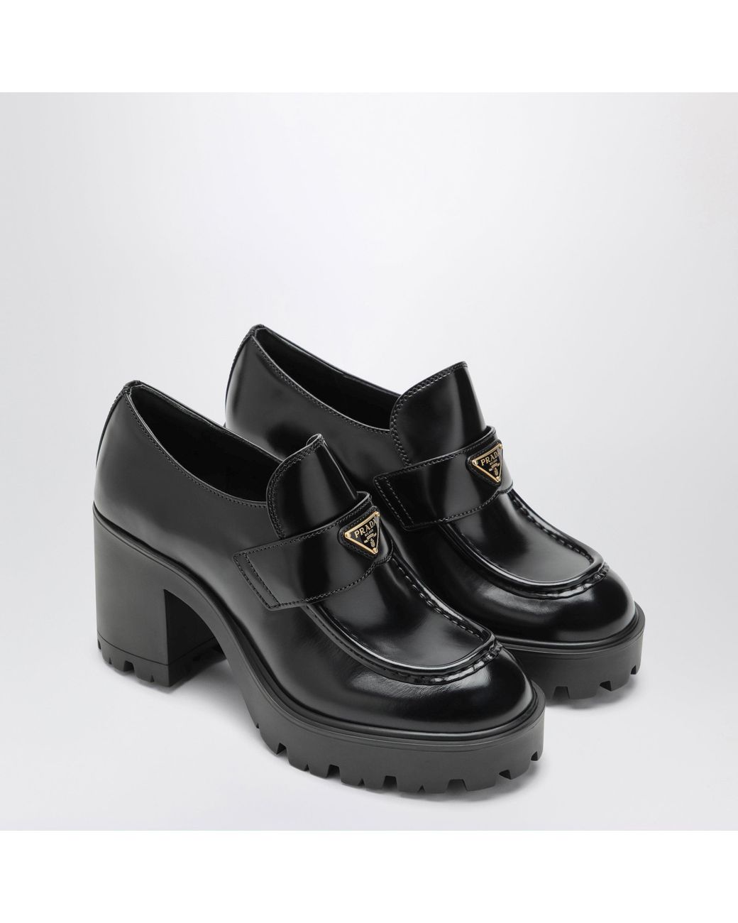 Prada Black Brushed Leather Heeled Loafers