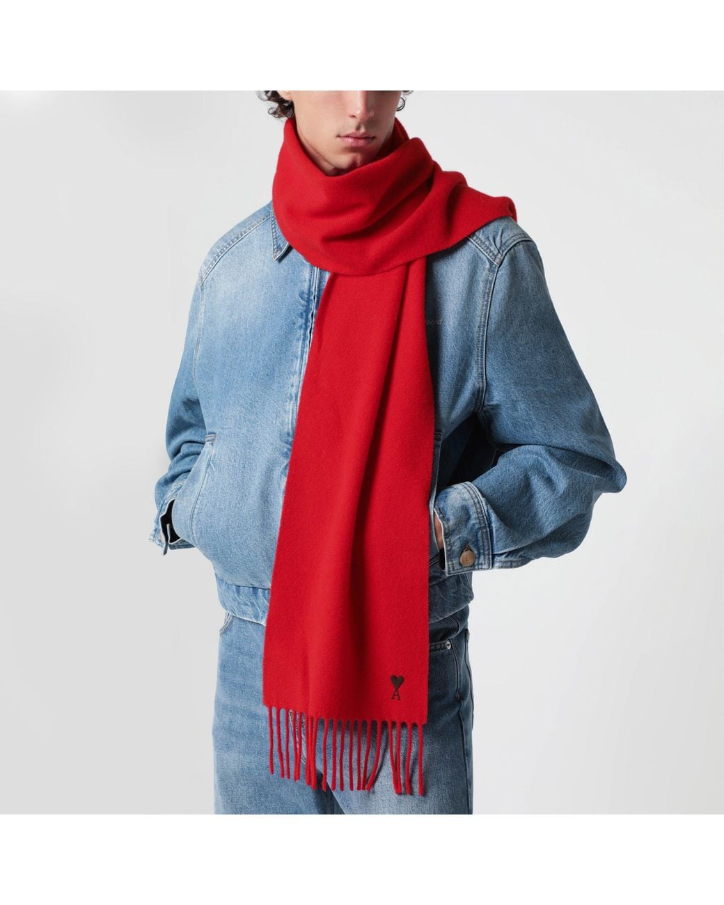 AMI Red Ami De Coeur Wool Scarf for men