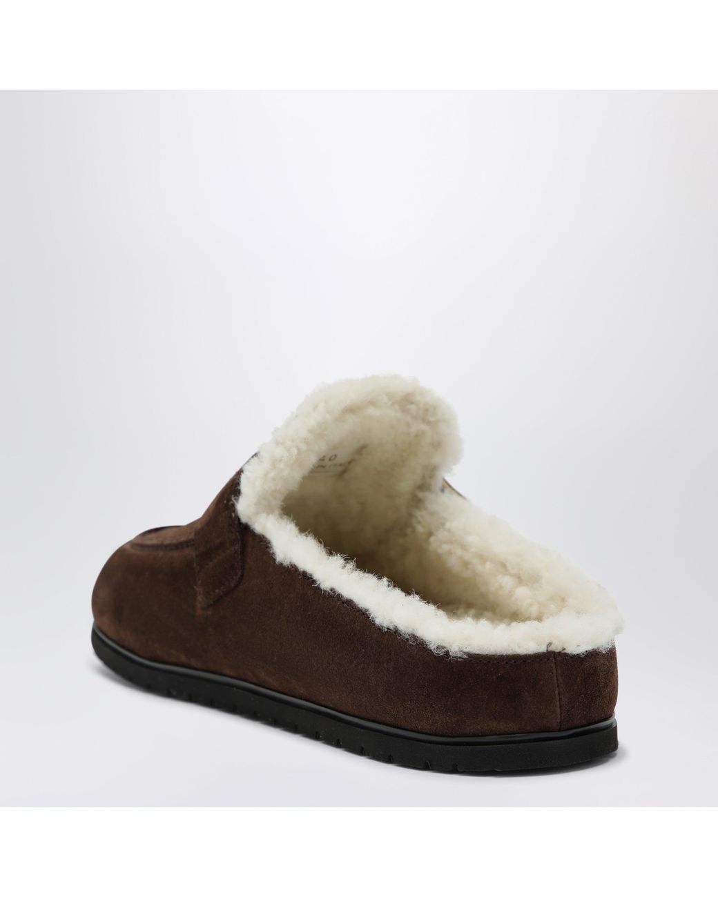 Prada Brown Moro Suede Clogs With Shearling Lining