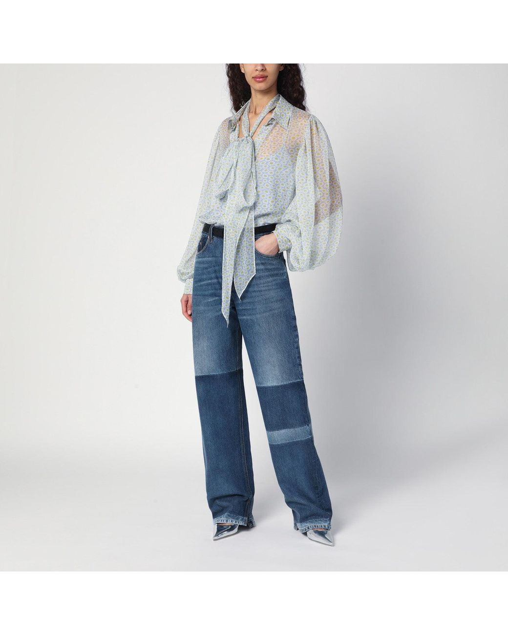 Gucci Blue Two-Tone Wide-Leg Jeans With Stone-Washed Treatment