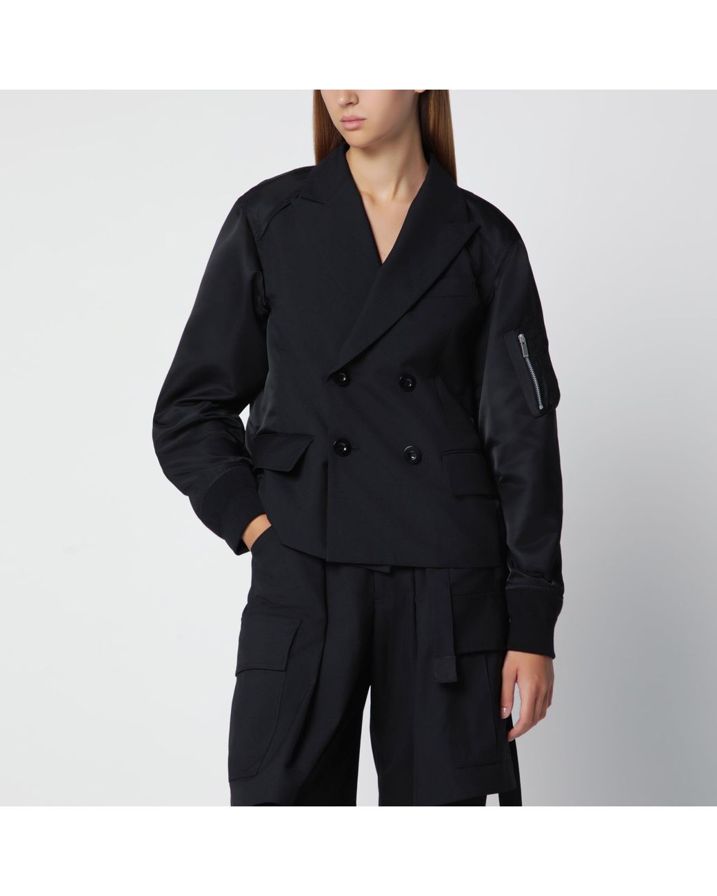 Sacai Black Double-Breasted Wool And Nylon Blend Jacket