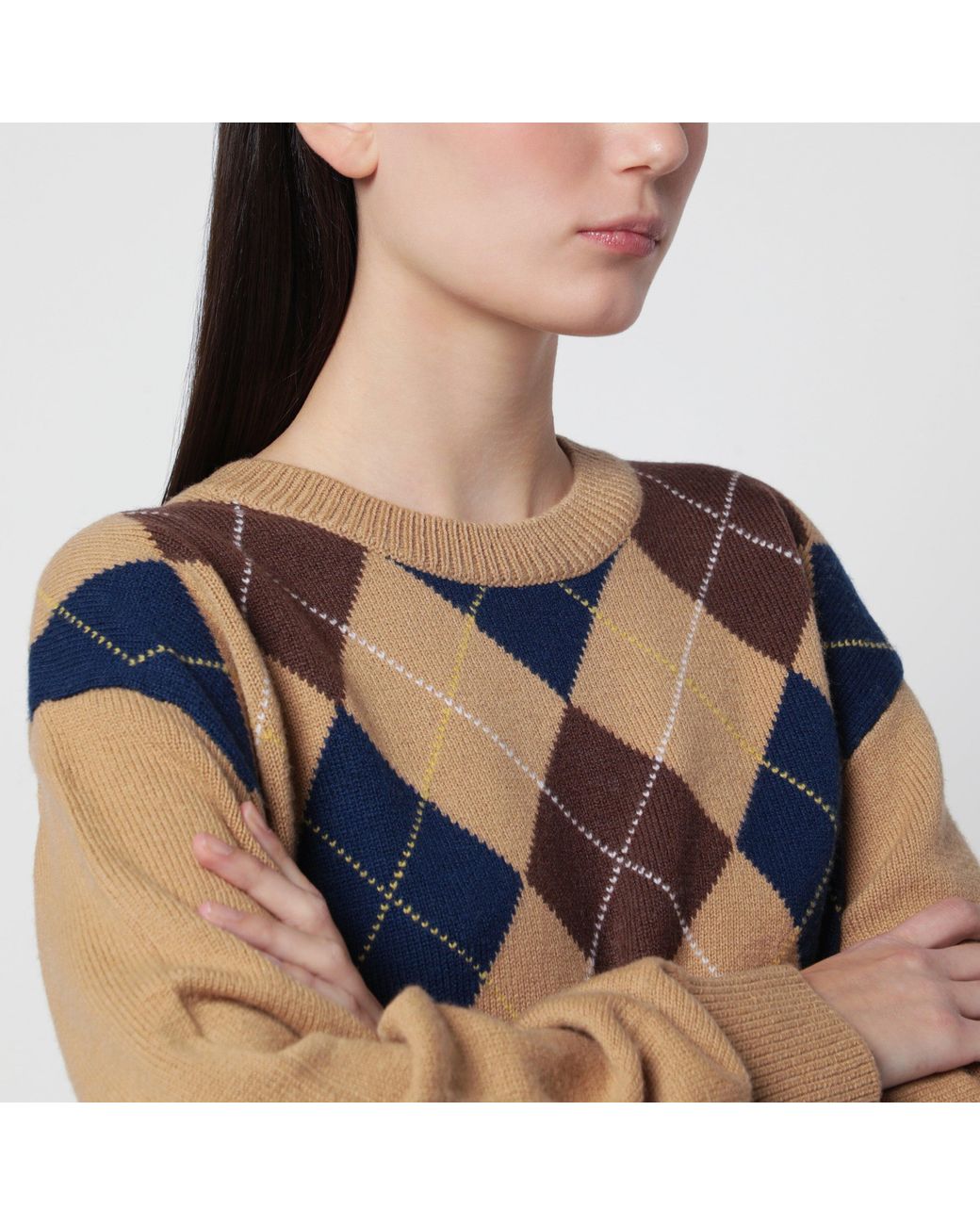 DUNST Blue Argyle Camel Wool Crewneck Sweater