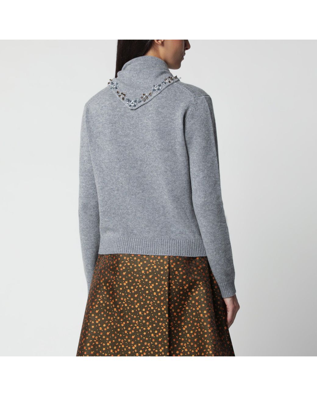 Prada Gray Cashmere Sweater With Jeweled Scarf