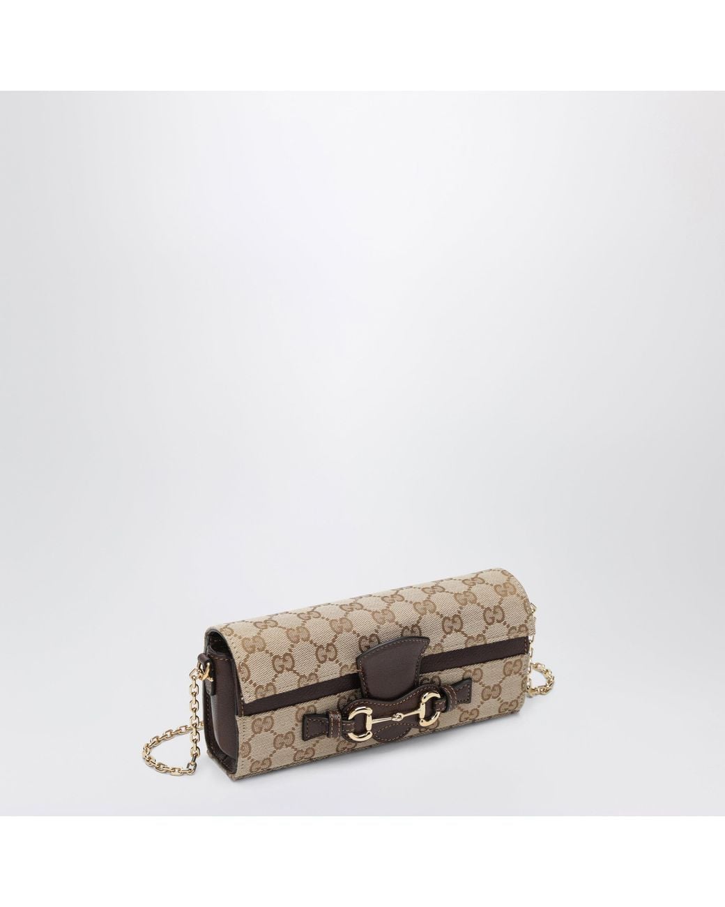 Gucci Natural Sand/Dark Gg Fabric Wallet On Chain With Horsebit