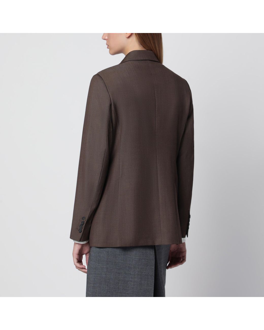 Max Mara Brown Leather Double-Breasted Wool Jacket
