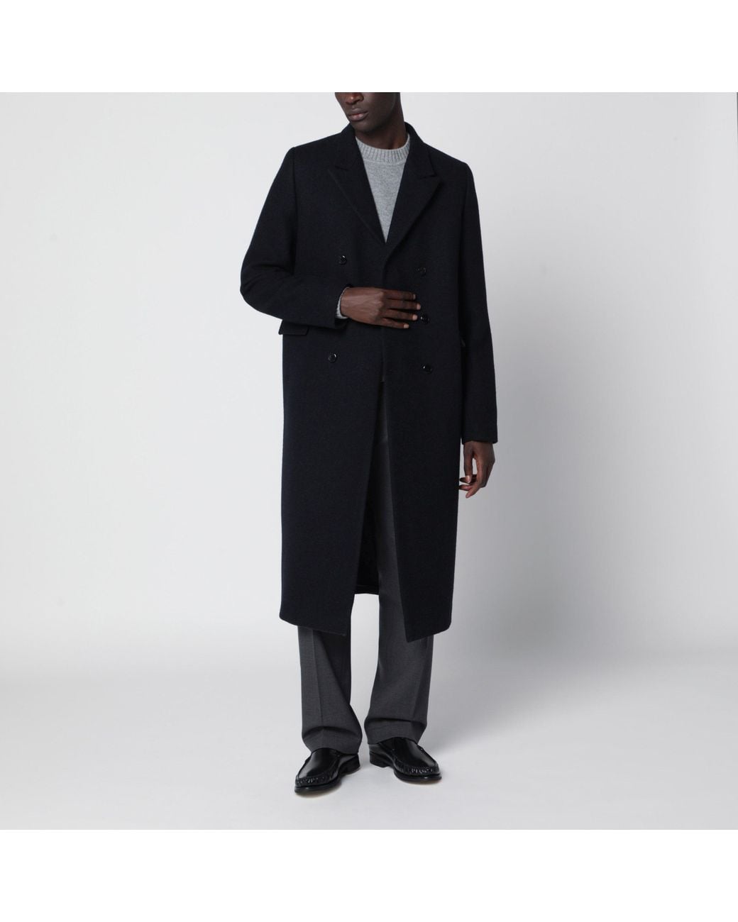 Prada Black Double-Breasted Virgin Wool Overcoat for men